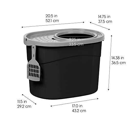 New IRIS USA Cat Litter Box, Large Top Entry with Litter Catching Lid and Scoop | Black/Gray, Large