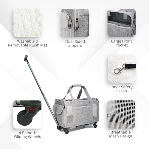 New Rolling Pet Carrier With Wheels | Gray, Up to 15 lbs