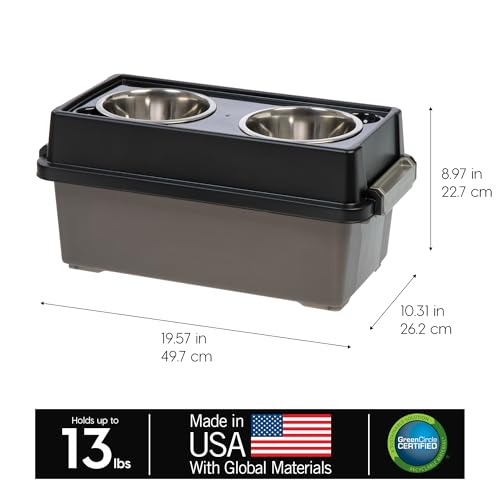 New IRIS USA Elevated Dog Bowls with Storage | Smoke/Black, 9" H (13 lb)