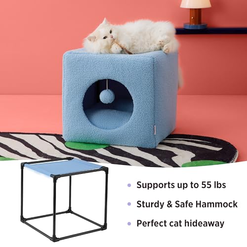 New Lesure Enclosed Cat House w/ Removable Sherpa | Blue & 16" x 16" x 16"