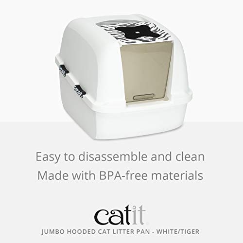 New Catit Jumbo Hooded Cat Litter Box, White Tiger | White/Black, Jumbo
