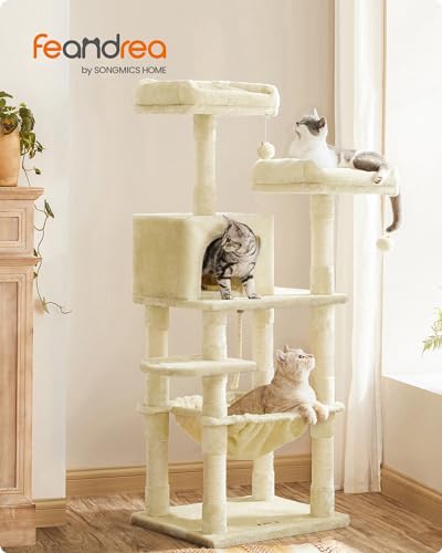New Feandrea Multi-Level Cat Tower with 11 Posts 2 Perches Cave & Hammock | Beige, 56.3"