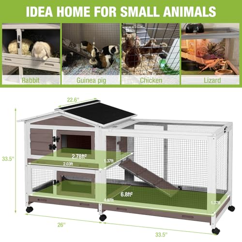 New Outdoor Rabbit Hutch Indoor Bunny on Wheels with Run | Brown and White