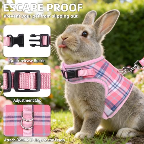 New PUPTECK Bunny Rabbit Harness and Leash Set | Plaid Pink - L