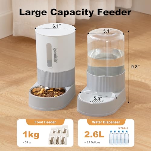 New ZOMISIA Gravity Cat Feeder and Water Dispenser | 2.4L food + 2.6L water, Stainless steel bowl