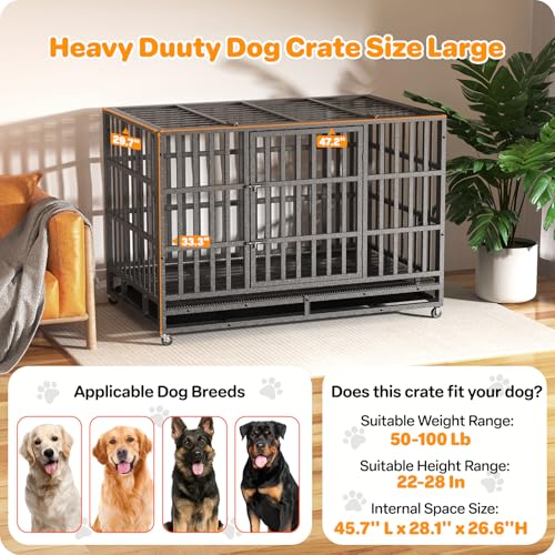 New HIWOKK Heavy Duty Indestructible Dog Crate Double Door High Anxiety Cage | 48 Inch - XL XXL