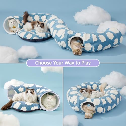 New Lesure Large Cat Tunnel Bed (Peekaboo) | Cozy Clouds Blue & Large