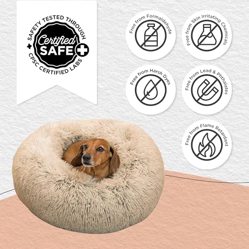 New Best Friends by Sheri Original Calming Donut Dog and Cat Bed | Shag Faux Fur, Taupe, (23in x 23in)