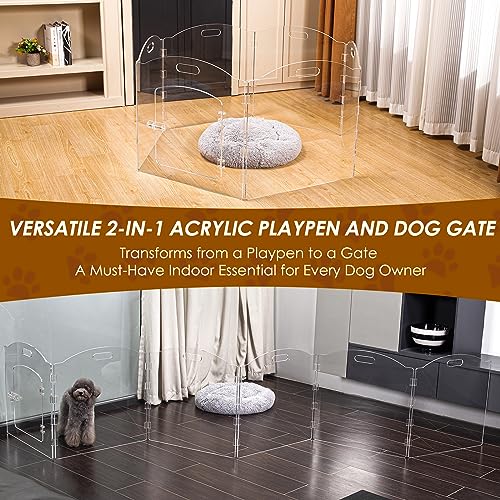 New Feoyoho 2-in-1 Acrylic Dog Playpen / Extra Wide Gate (6 Panels) | 24 in H, Clear Acrylic