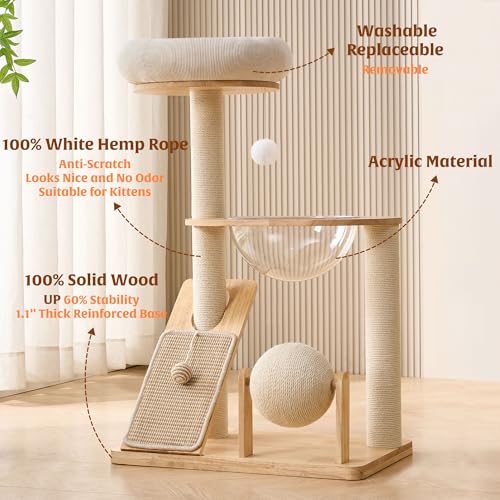 New HITTITE Solid Wood Cat Tree Tower with Scratcher Board & Ball | 37.8"