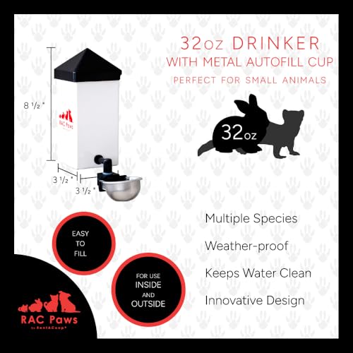 New RentACoop No-Drip 32oz Small Animal Drinking Bottle with Auto-Fill Metal Cup | Pack of 2