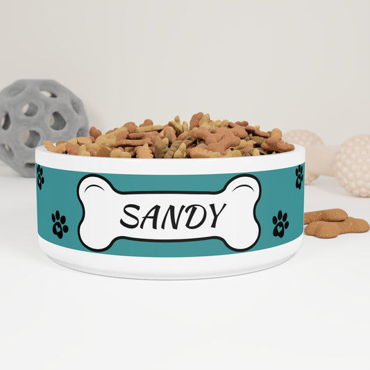 Personalized Pet Bowl — Teal Paw Print Dog Bowl with Bone Nameplate (Custom Name)