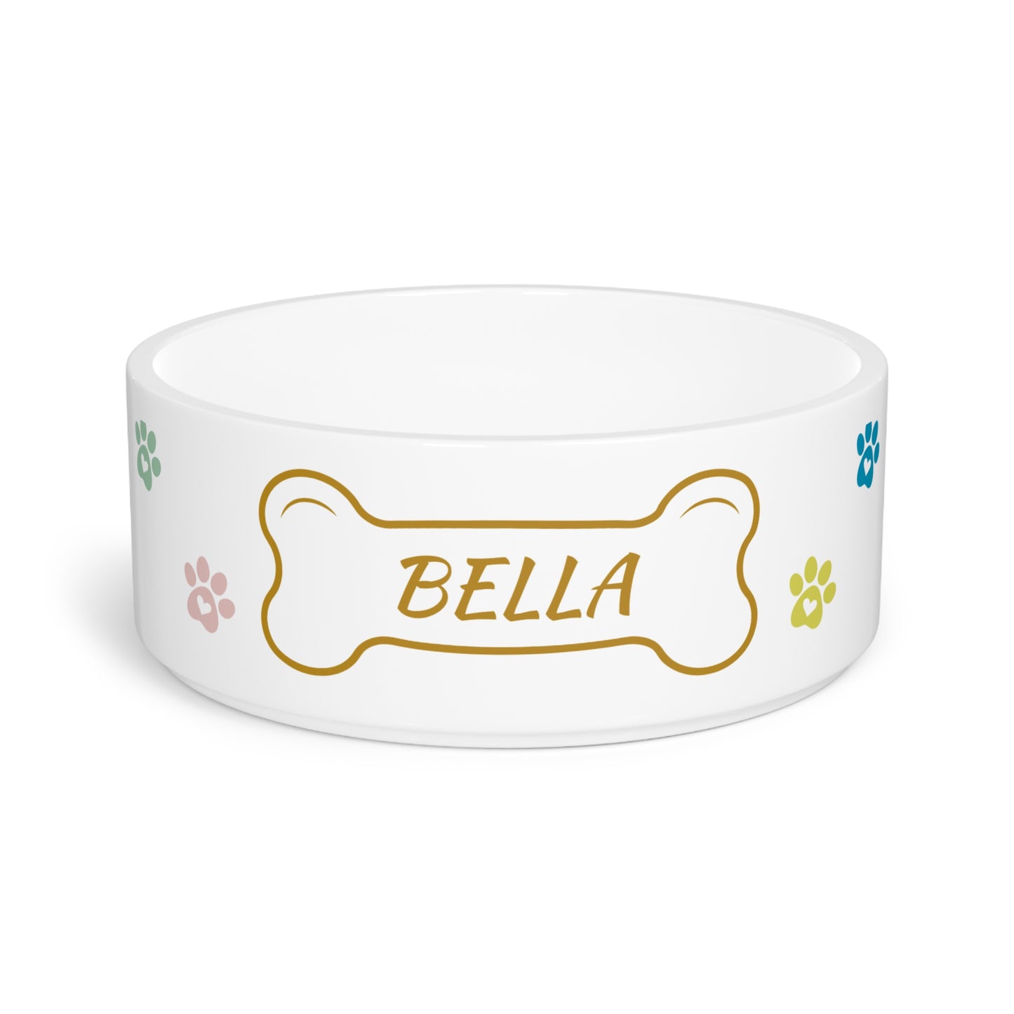 Personalized Ceramic Pet Bowl with Name Bone & Colorful Paw Prints (Custom Name)
