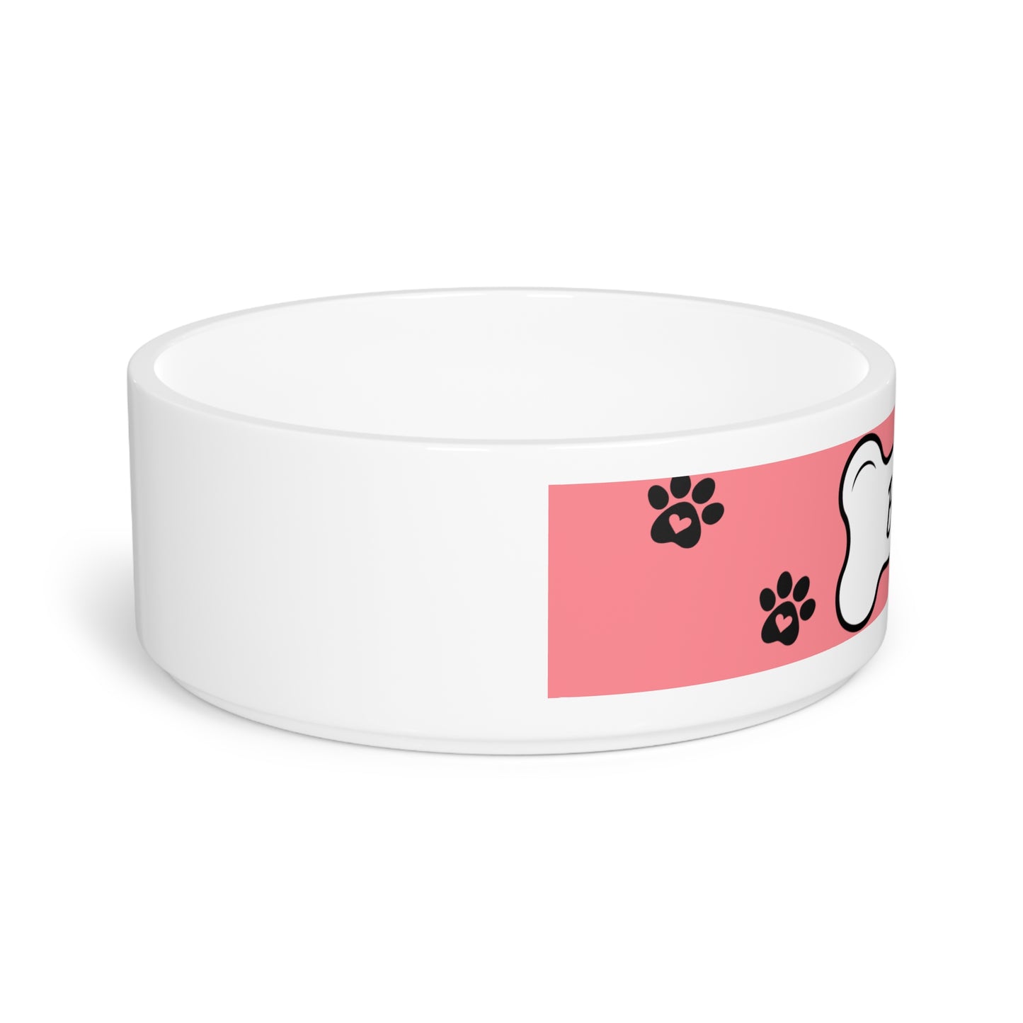 Personalized Pet Bowl — Pink Paw Print Dog Bowl with Bone Nameplate (Custom Name)