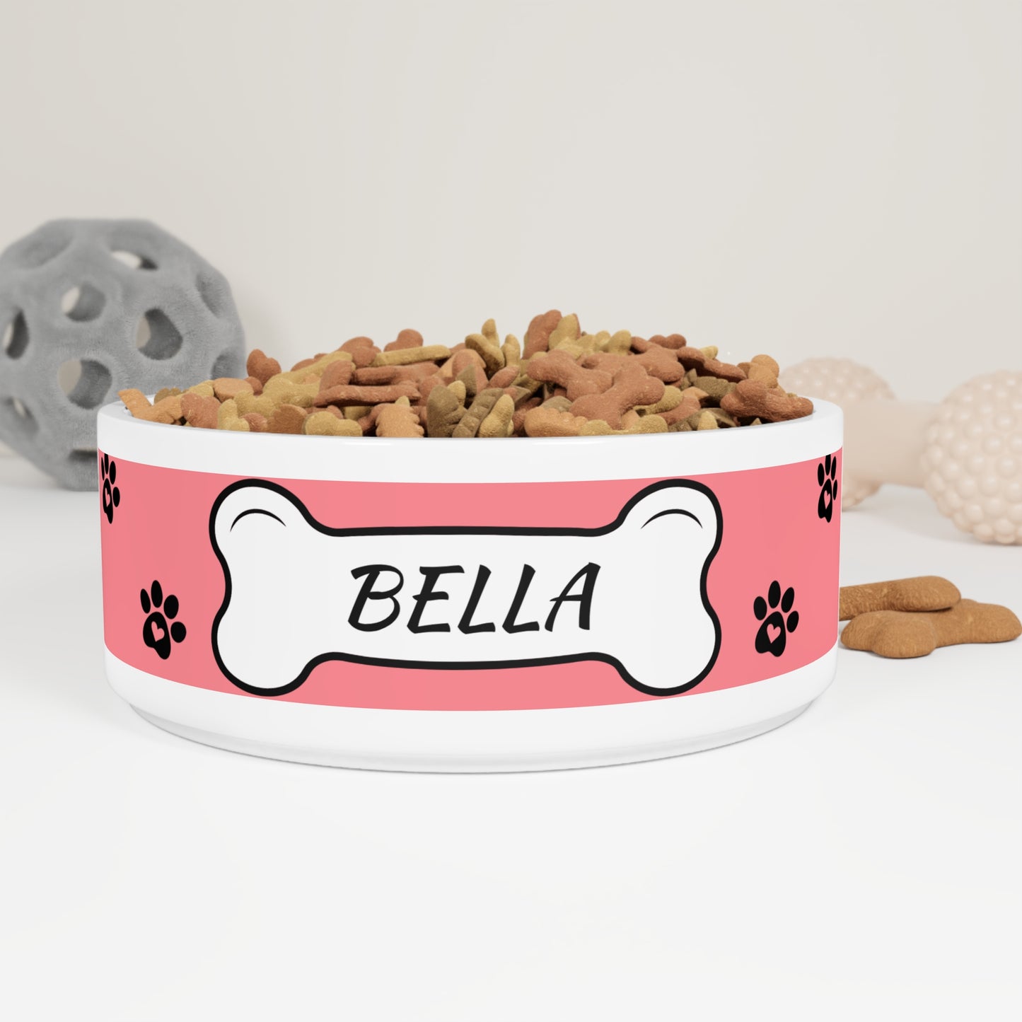 Personalized Pet Bowl — Pink Paw Print Dog Bowl with Bone Nameplate (Custom Name)
