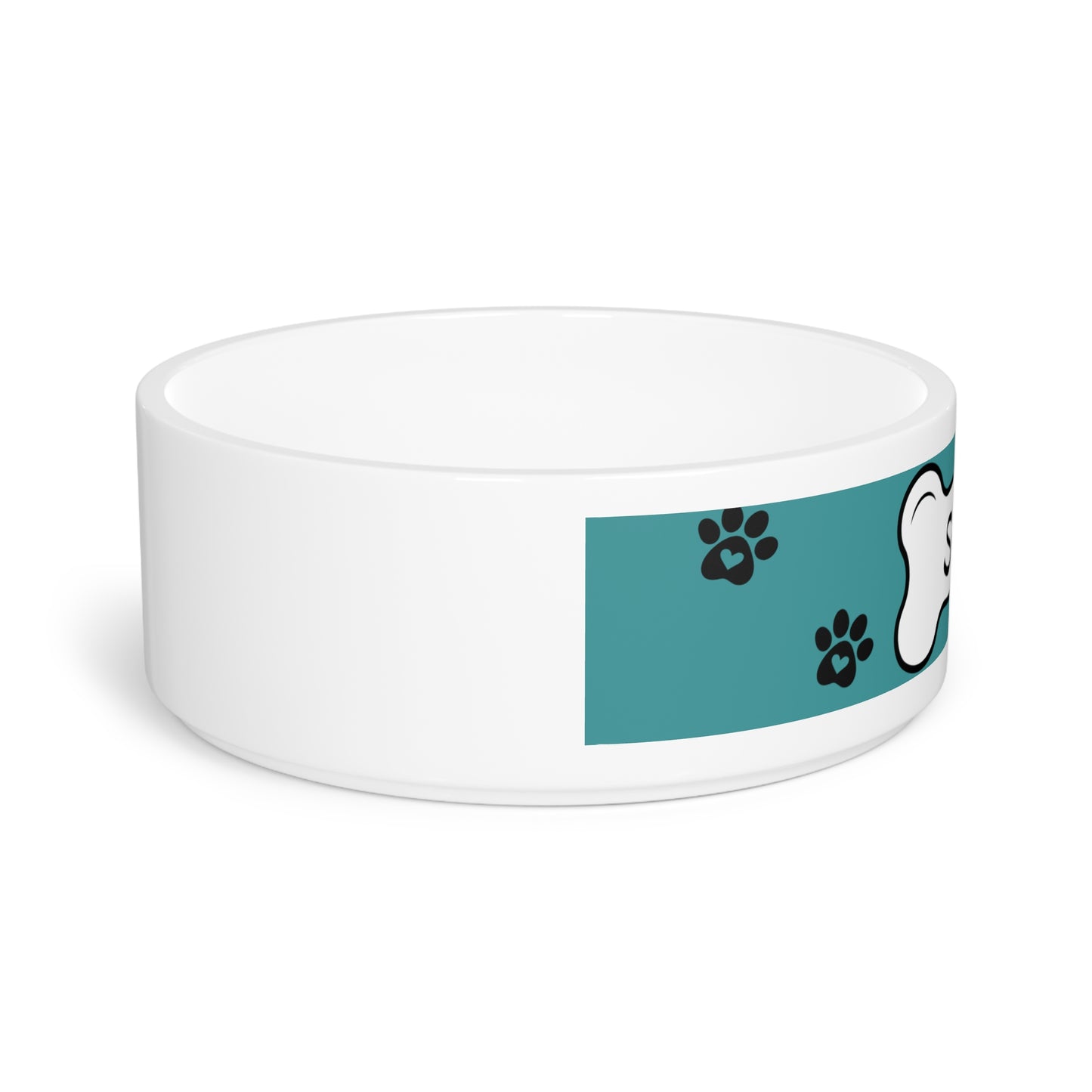 Personalized Pet Bowl — Teal Paw Print Dog Bowl with Bone Nameplate (Custom Name)