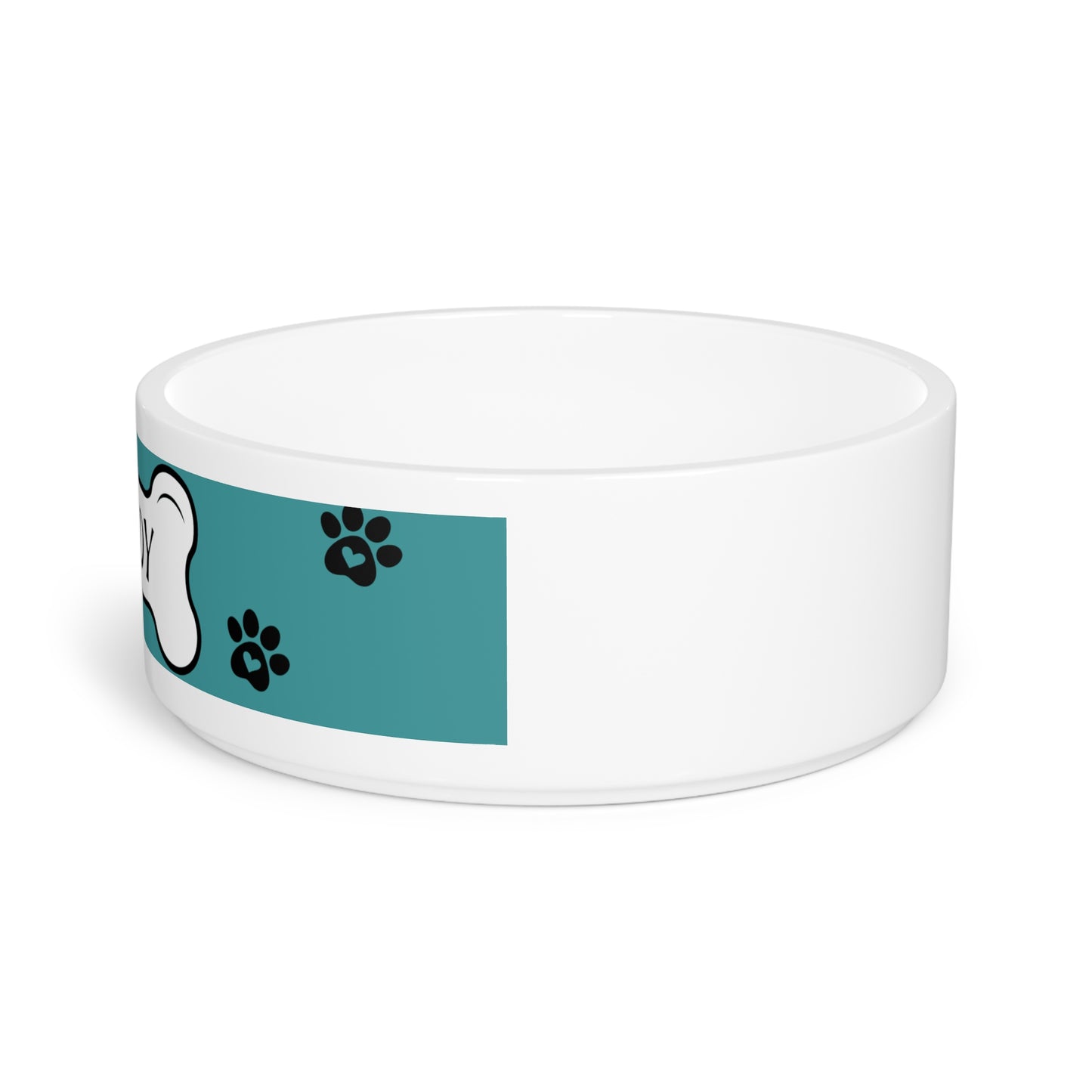 Personalized Pet Bowl — Teal Paw Print Dog Bowl with Bone Nameplate (Custom Name)