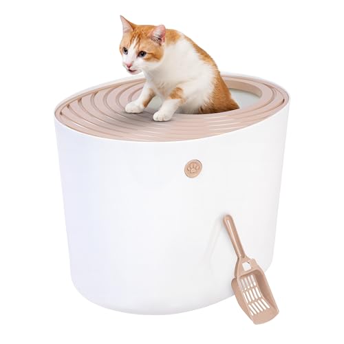 New IRIS USA Top Entry Cat Litter Box with Scoop | Beige/White