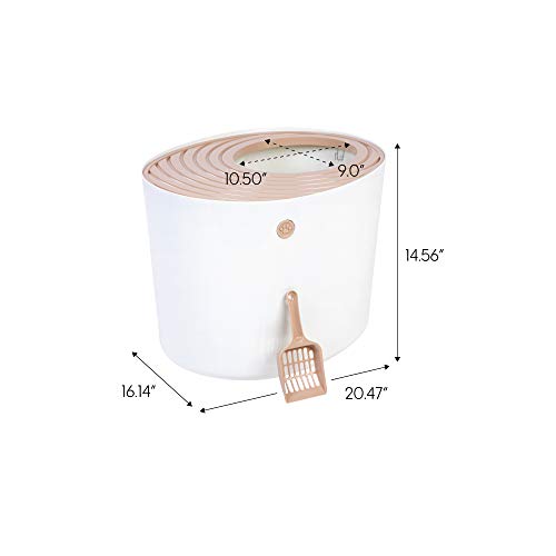 New IRIS USA Top Entry Cat Litter Box with Scoop | Beige/White
