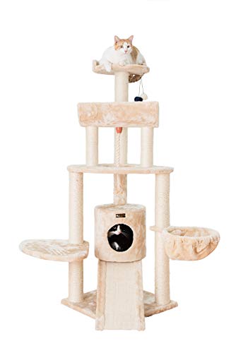 New Armarkat Thick Fur Cat Tower Real Wood with Basket Lounge & Ramp | Beige