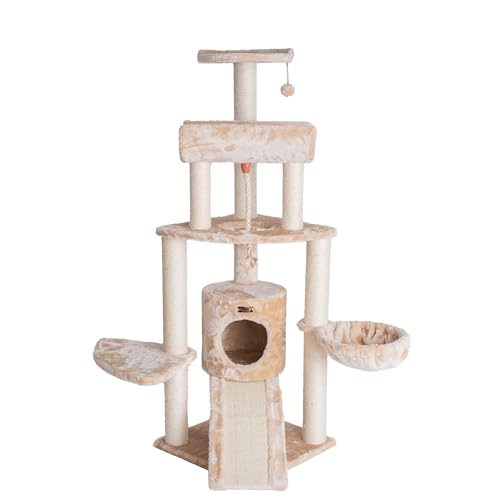 New Armarkat Thick Fur Cat Tower Real Wood with Basket Lounge & Ramp | Beige