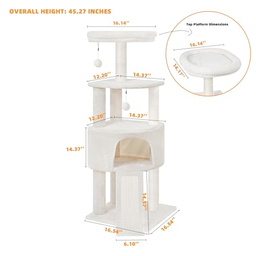 New HUITREE Cat Tree Tower with Condo & Toys | Beige, 45"