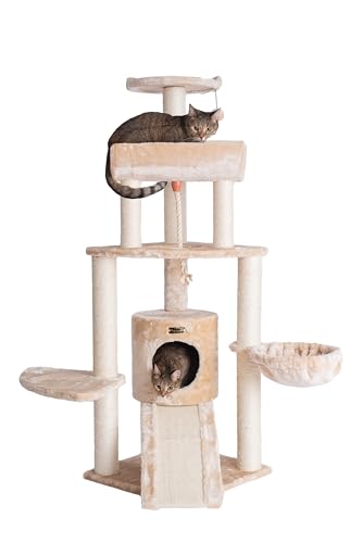 New Armarkat Thick Fur Cat Tower Real Wood with Basket Lounge & Ramp | Beige