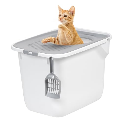 New IRIS USA Cat Litter Box, Large Cat Box Enclosure | White/Gray, Large
