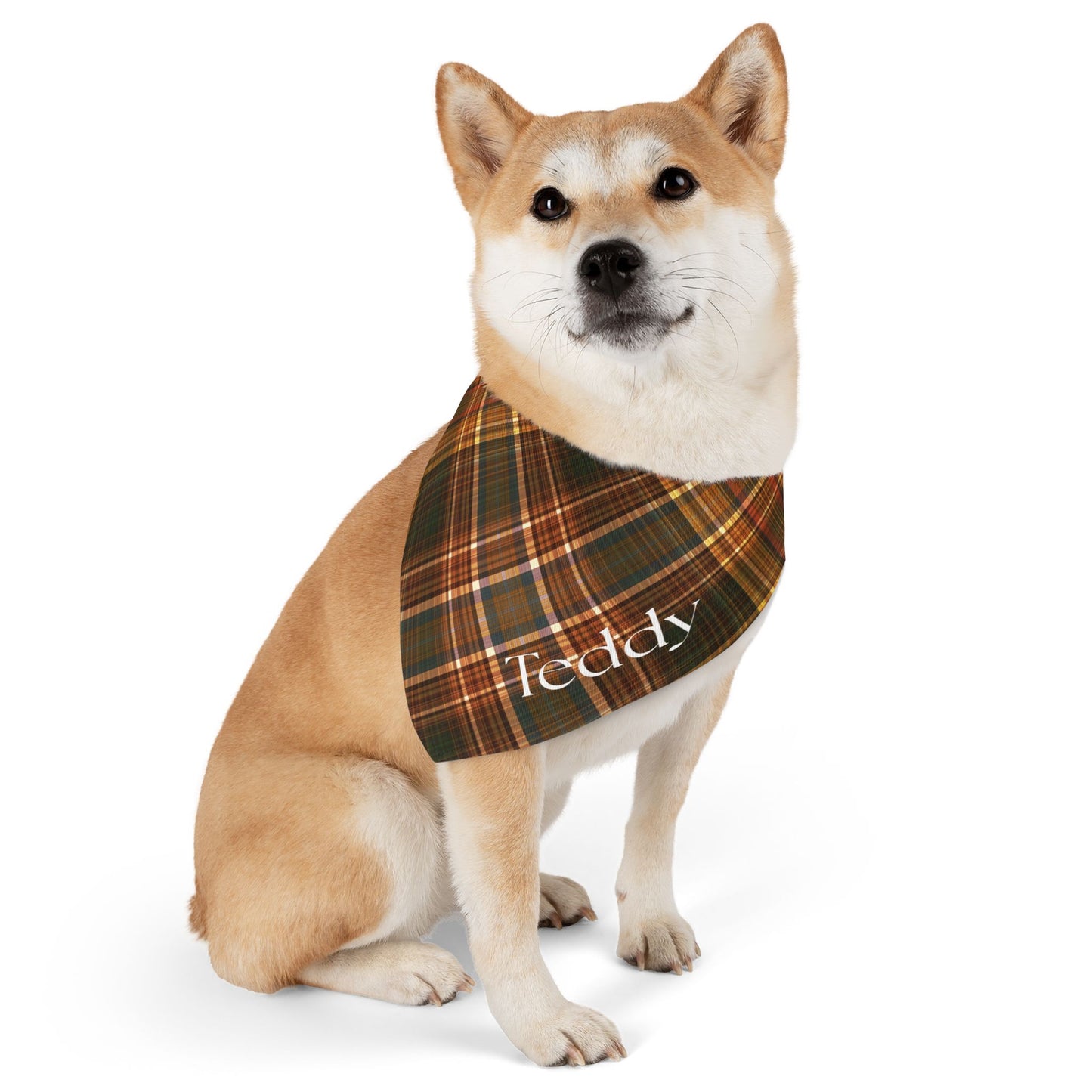 Personalized Plaid Pet Bandana Collar — Custom Name (Autumn Tartan)