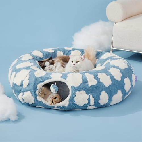New Lesure Large Cat Tunnel Bed (Peekaboo) | Cozy Clouds Blue & Large