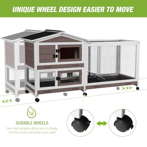 New Outdoor Rabbit Hutch Indoor Bunny on Wheels with Run | Brown and White