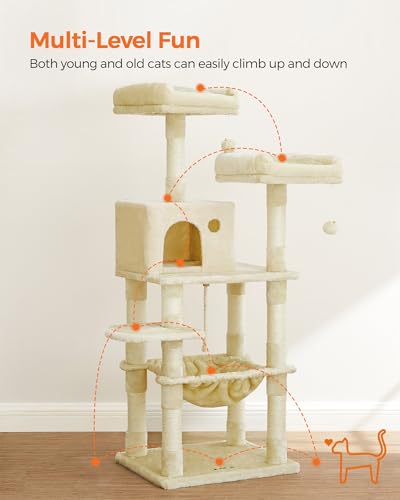 New Feandrea Multi-Level Cat Tower with 11 Posts 2 Perches Cave & Hammock | Beige, 56.3"