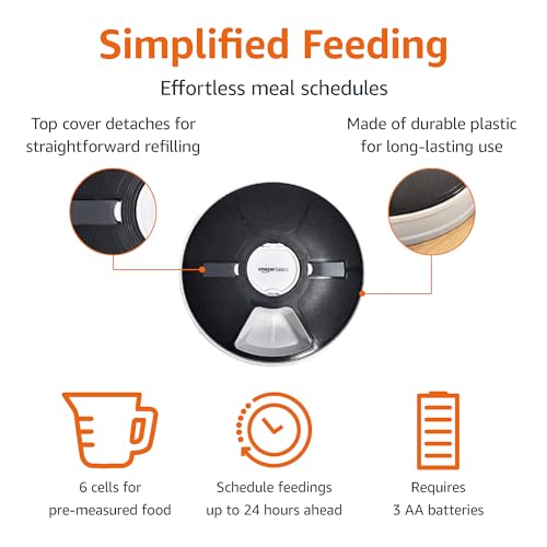 New Amazon Basics Automatic Pet Feeder (Electronic, Timed) | Black, 6 Portions (12"×12"×2.3")