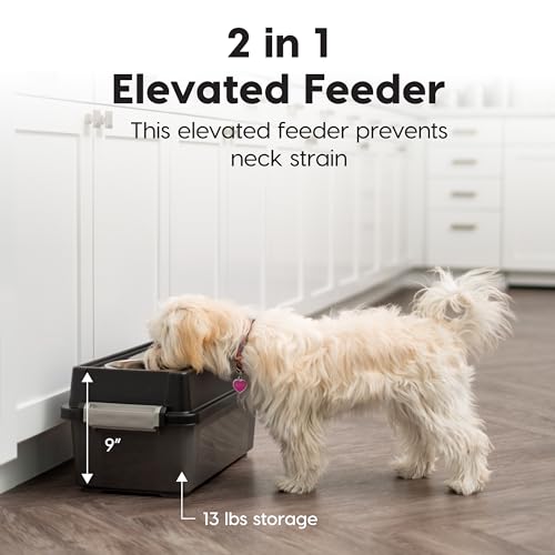 New IRIS USA Elevated Dog Bowls with Storage | Smoke/Black, 9" H (13 lb)