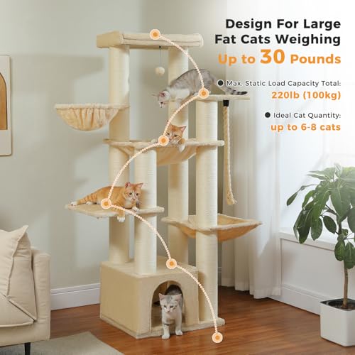 New Large Cat Tree 67" Tall Tower with 13 Sisal Posts | Beige, 67"