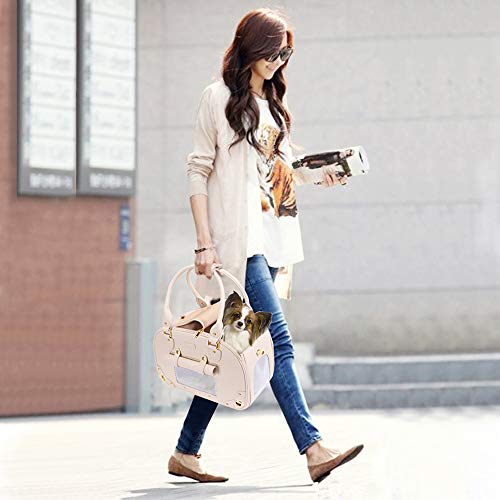 New PetsHome Leather Pet Travel Bag Purse | Beige, Foldable Waterproof