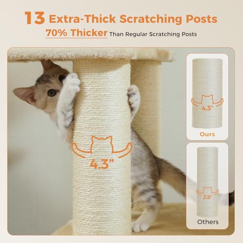 New Large Cat Tree 67" Tall Tower with 13 Sisal Posts | Beige, 67"