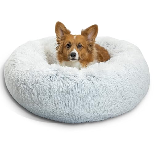 New Best Friends by Sheri Original Calming Donut Dog and Cat Bed | Shag Faux Fur, Frost Gray, (30in x 30in)