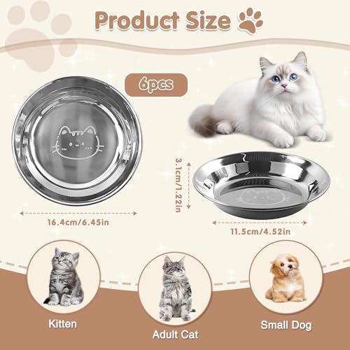 New Stainless Steel Cat Bowls Whisker Friendly Set | 6 pack, 6.4 inch, Stainless steel