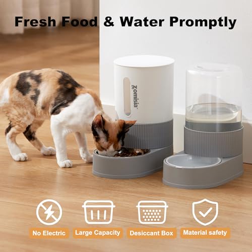 New ZOMISIA Gravity Cat Feeder and Water Dispenser | 2.4L food + 2.6L water, Stainless steel bowl