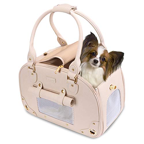 New PetsHome Leather Pet Travel Bag Purse | Beige, Foldable Waterproof