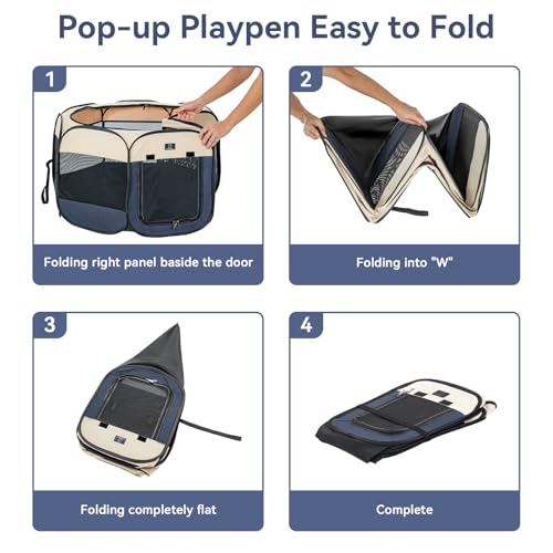 New A 4 Pet Portable Dog Playpen with Bowl | 19”W × 12”H, Navy Blue