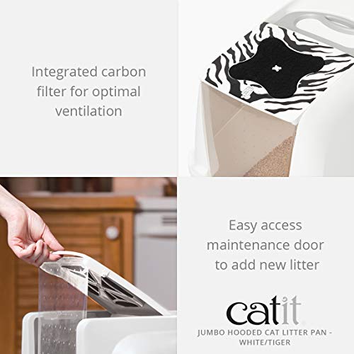 New Catit Jumbo Hooded Cat Litter Box, White Tiger | White/Black, Jumbo