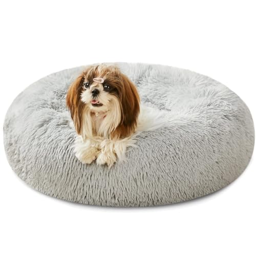 New Calming Dog Bed & Cat Bed, Anti-Anxiety Donut Dog Cuddler Bed | Shag Frost, 20.0"L x 20.0"W x 8.0"Th