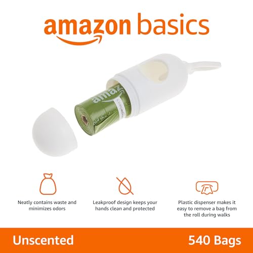 New Amazon Basics Dog Poop Bags with Dispenser | Unscented, 540 Count + Leash Clip