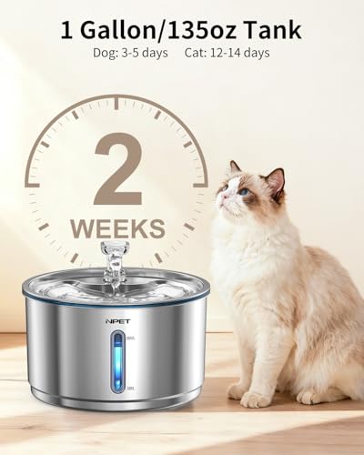 New NPET Stainless Steel Cat Water Fountain WF210Plus | 1 gallon/135oz, Stainless steel