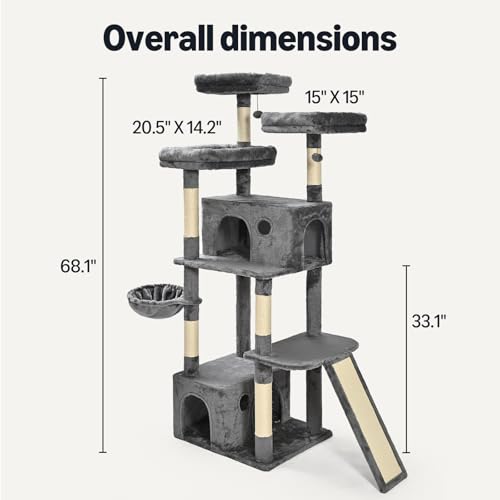 New Amazon Basics Large Cat Tree Tower with 2 Condos & Multiple Sisal Posts | Gray, 68"