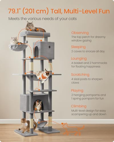 New Feandrea Tall Multi-Level Cat Tower with 4 Posts 2 Hammocks 2 Caves & Perch | Light Gray, 79.1"
