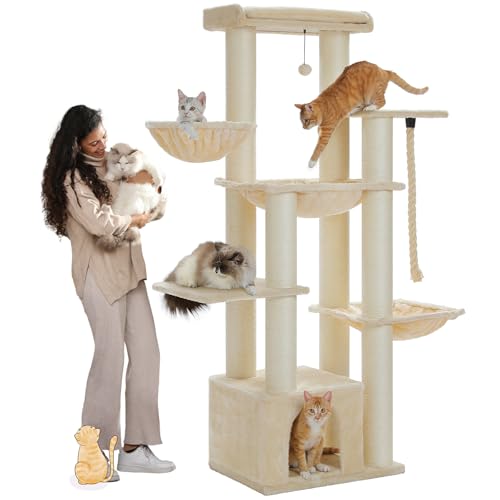 New Large Cat Tree 67" Tall Tower with 13 Sisal Posts | Beige, 67"