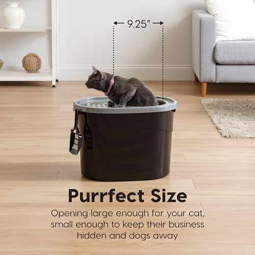 New IRIS USA Cat Litter Box, Large Top Entry with Litter Catching Lid and Scoop | Black/Gray, Large